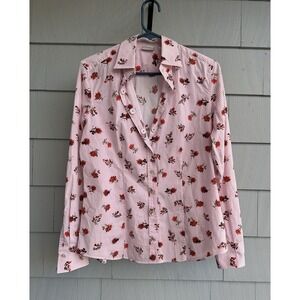 Caliban 820 Italy Pink Stripe Floral Button Shirt 12/14‎ L Cotton Stretch Blouse